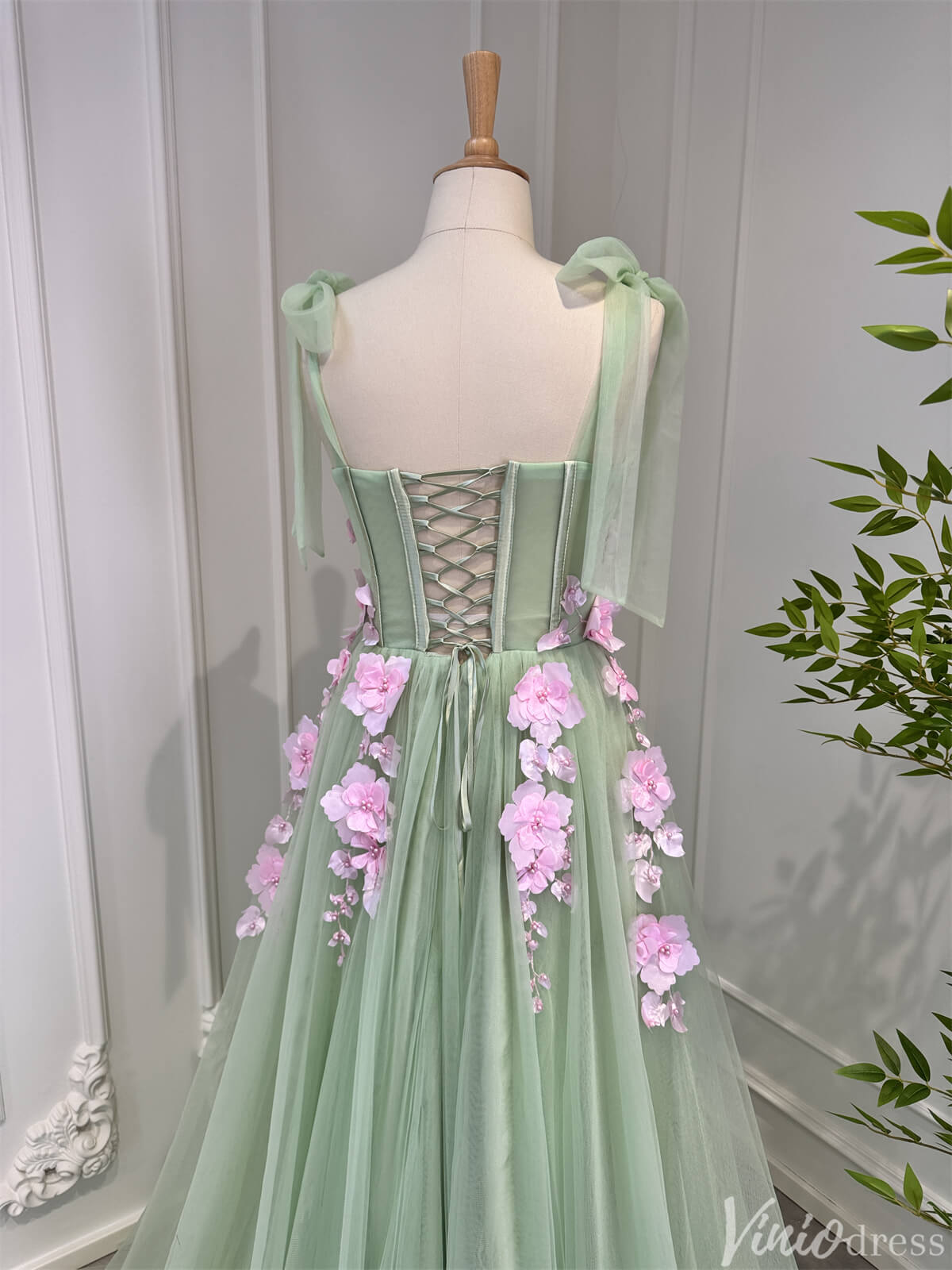 Light Green Tulle Prom Dresses with Pink Flowers Floral Evening Dress Viniodress Light Green Tulle Prom Dresses with Pink Flowers Floral Evening Dress Viniodress