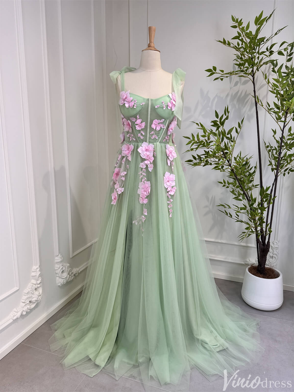 Light Green Tulle Prom Dresses with Pink Flowers Floral Evening Dress 80005-prom dresses 2025 -Viniodress-Light Green-Custom Size-