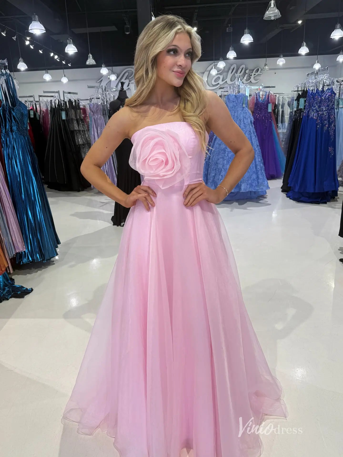 Light Pink Strapless Organza Prom Dress with Oversized Rosette Appliqué – FD5190-prom dresses 2025 -Viniodress-Pink-Custom Size-
