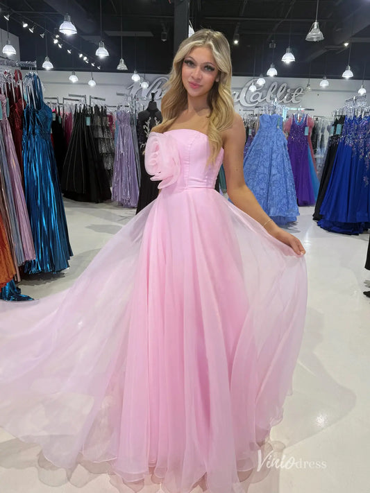 Light Pink Strapless Organza Prom Dress with Oversized Rosette Appliqué – FD5190-prom dresses 2025 -Viniodress-Pink-Custom Size-