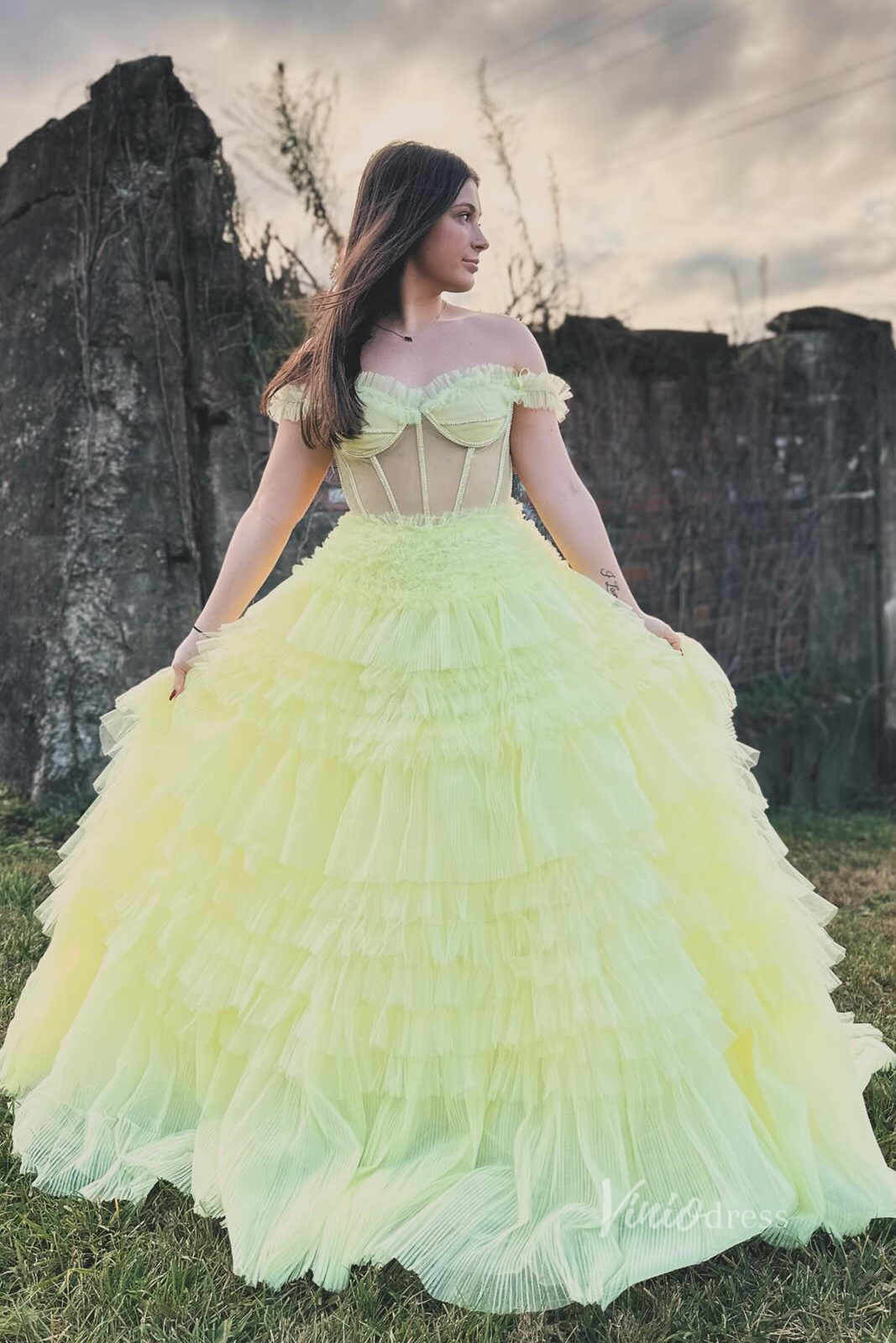 Light Yellow Ruffle Prom Dresses Off the Shoulder Tulle Ball Gown FD1153B-prom dresses 2025 -Viniodress-Yellow-Custom Size-