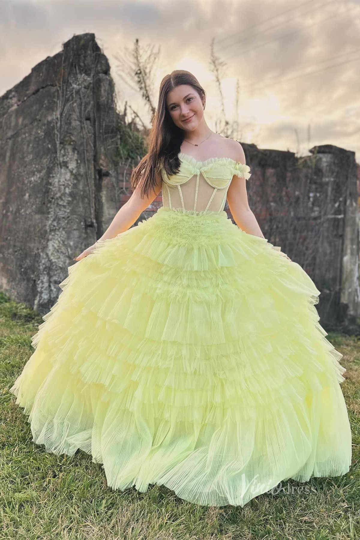 Light Yellow Ruffle Prom Dresses Off the Shoulder Tulle Ball Gown FD1153B-prom dresses-Viniodress-Yellow-Custom Size-Viniodress