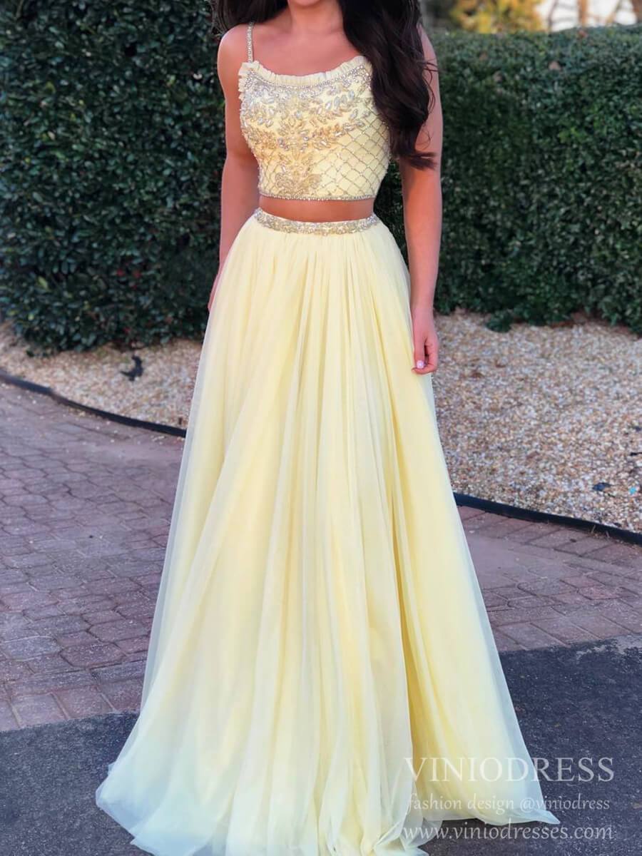 Prom Dress 2025 Light Yellow Tulle Prom Dresses Rhineston Beaded Two Piece Prom Dress FD2052-unique prom dresses-Yellow-Custom Size-Viniodress