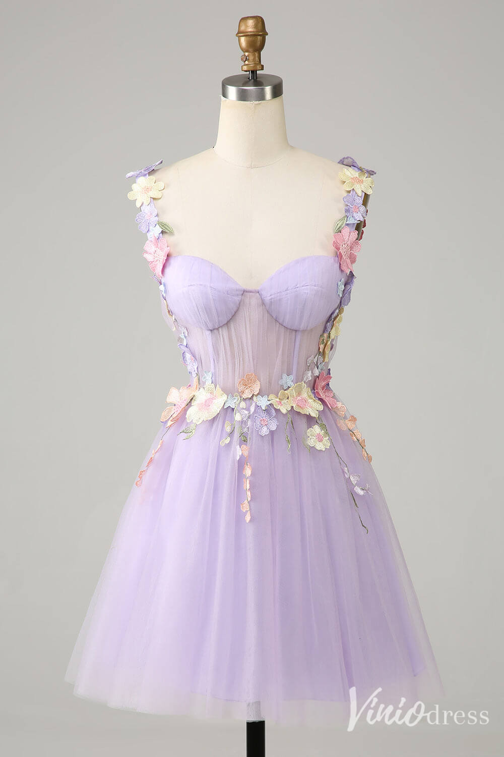 Lilac 3D Flower Homecoming Dresses Lace Applique Spaghetti Strap Back to School Dress S24057-prom dresses-Viniodress-Lilac-Custom Size-Viniodress