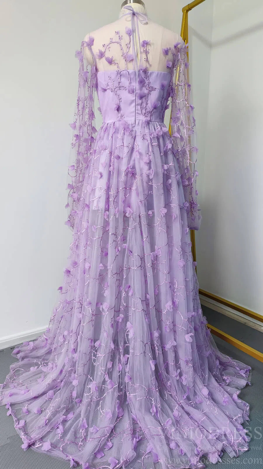 Lilac 3D Flower Lace Prom Dresses with Puffy Long Sleeves and Slit FD1 Viniodress Lilac 3D Flower Lace Prom Dresses with Puffy Long Sleeves and Slit FD1 Viniodress