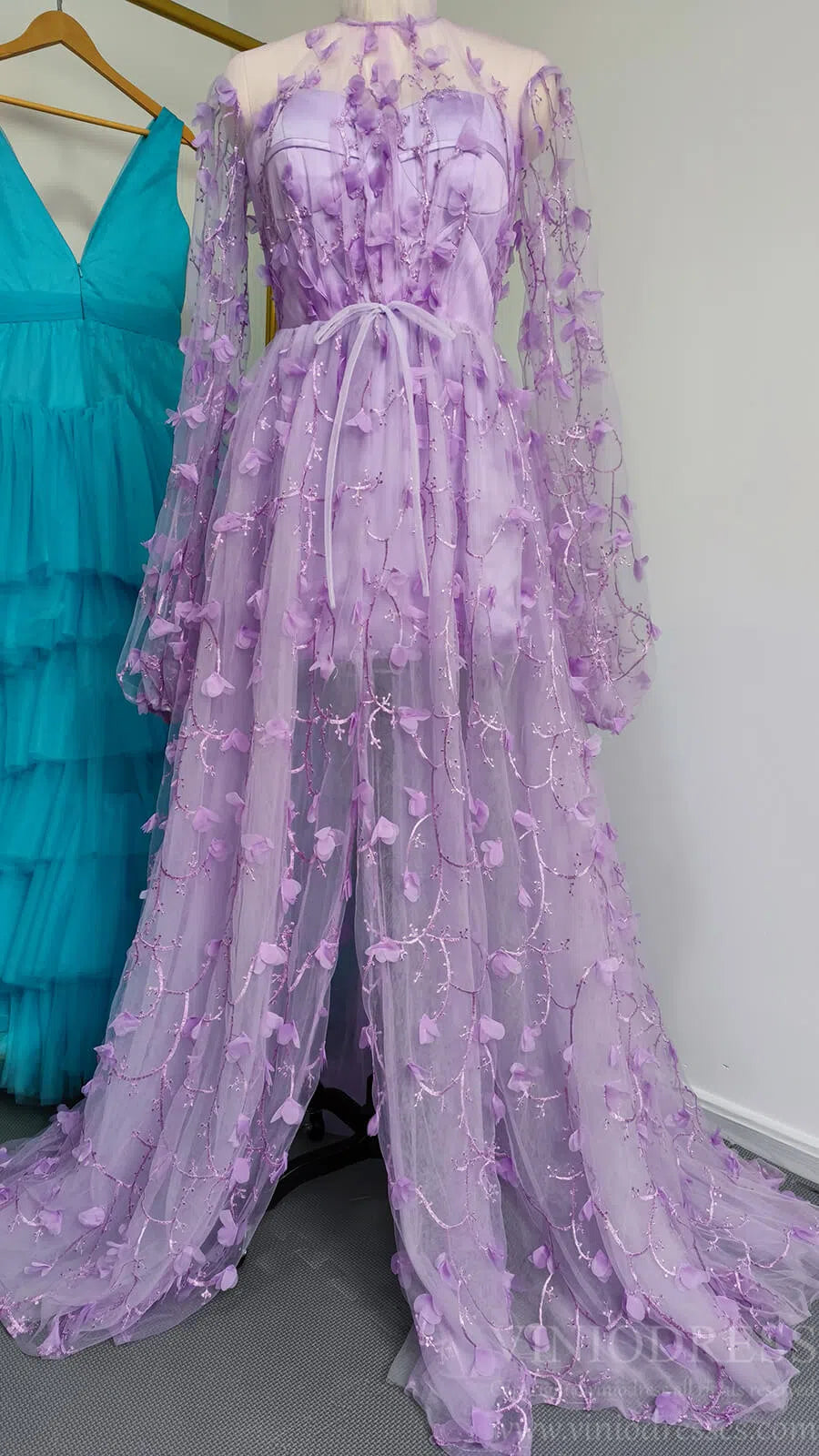 Lilac 3D Flower Lace Prom Dresses with Puffy Long Sleeves and Slit FD1726-prom dresses 2025 -Viniodress-Lilac-Custom Size-