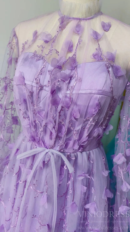 Lilac 3D Flower Lace Prom Dresses with Puffy Long Sleeves and Slit FD1726-prom dresses 2025 -Viniodress-Lilac-Custom Size-