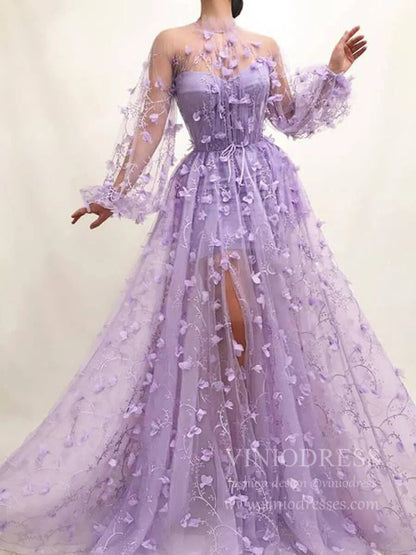 Lilac 3D Flower Lace Prom Dresses with Puffy Long Sleeves and Slit FD1726-prom dresses 2025 -Viniodress-Lilac-Custom Size-