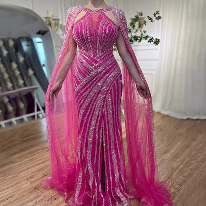 Lilac Beaded Mermaid Evening Dresses with Slit Cape Sleeve Pageant Dress AD1148-Evening Dresses 2025 -Viniodress-Fuchsia-US 2-