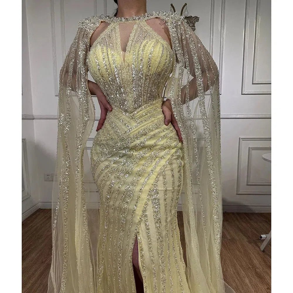 Lilac Beaded Mermaid Evening Dresses with Slit Cape Sleeve Pageant Dress AD1148-Evening Dresses 2025 -Viniodress-Lilac-US 2-
