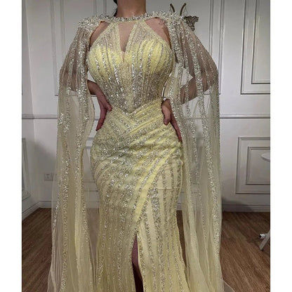 Lilac Beaded Mermaid Evening Dresses with Slit Cape Sleeve Pageant Dress AD1148-Evening Dresses 2025 -Viniodress-Lilac-US 2-