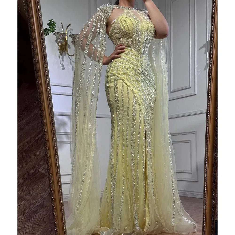 Lilac Beaded Mermaid Evening Dresses with Slit Cape Sleeve Pageant Dress AD1148-Evening Dresses 2025 -Viniodress-Lilac-US 2-
