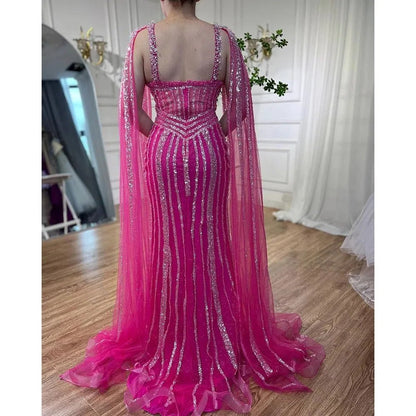 Lilac Beaded Mermaid Evening Dresses with Slit Cape Sleeve Pageant Dress AD1148-Evening Dresses 2025 -Viniodress-Lilac-US 2-