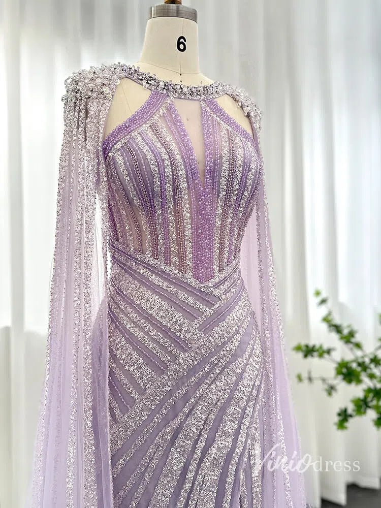 Lilac Beaded Mermaid Evening Dresses with Slit Cape Sleeve Pageant Dress AD1148-Evening Dresses 2025 -Viniodress-Lilac-US 2-