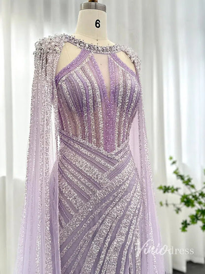 Lilac Beaded Mermaid Evening Dresses with Slit Cape Sleeve Pageant Dress AD1148-Evening Dresses 2025 -Viniodress-Lilac-US 2-