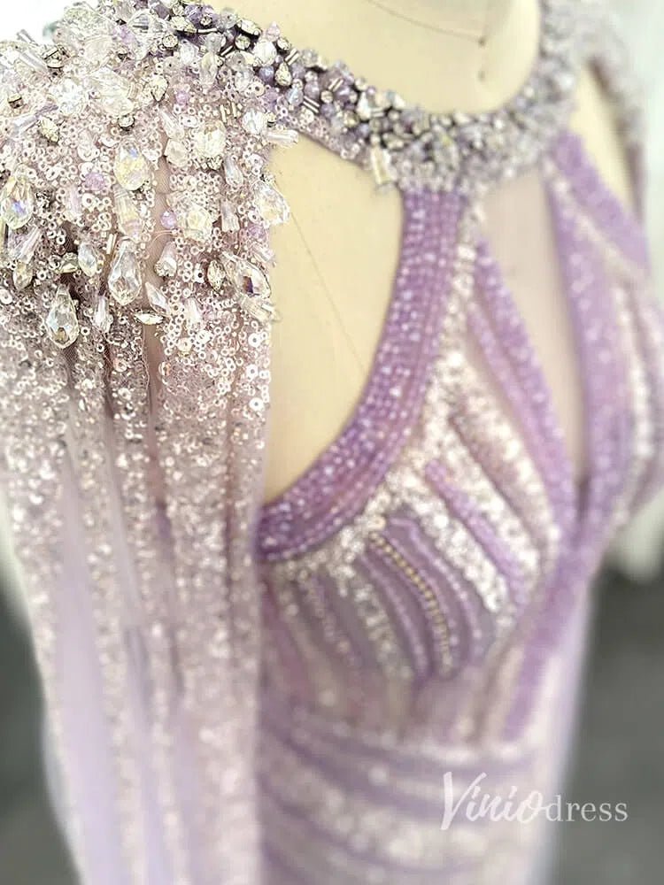 Lilac Beaded Mermaid Evening Dresses with Slit Cape Sleeve Pageant Dress AD1148-Evening Dresses 2025 -Viniodress-Lilac-US 2-