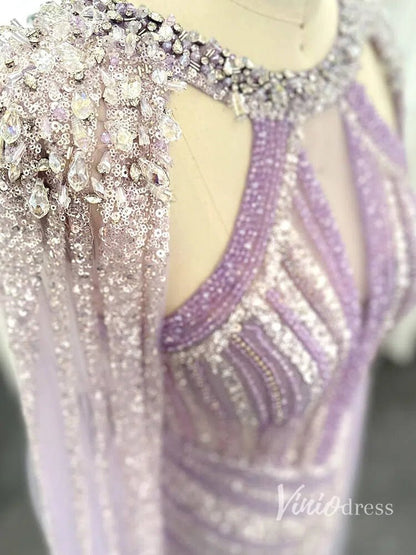 Lilac Beaded Mermaid Evening Dresses with Slit Cape Sleeve Pageant Dress AD1148-Evening Dresses 2025 -Viniodress-Lilac-US 2-