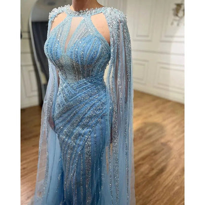 Lilac Beaded Mermaid Evening Dresses with Slit Cape Sleeve Pageant Dress AD1148-Evening Dresses 2025 -Viniodress-Lilac-US 2-