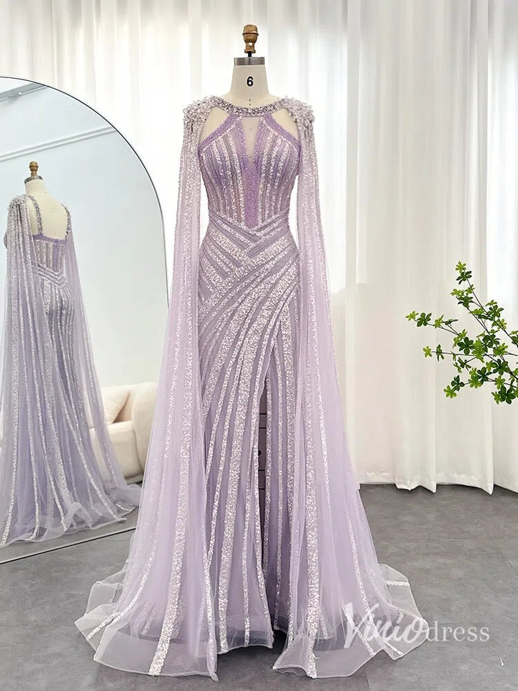 Lilac Beaded Mermaid Evening Dresses with Slit Cape Sleeve Pageant Dress AD1148-Evening Dresses 2025 -Viniodress-Lilac-US 2-