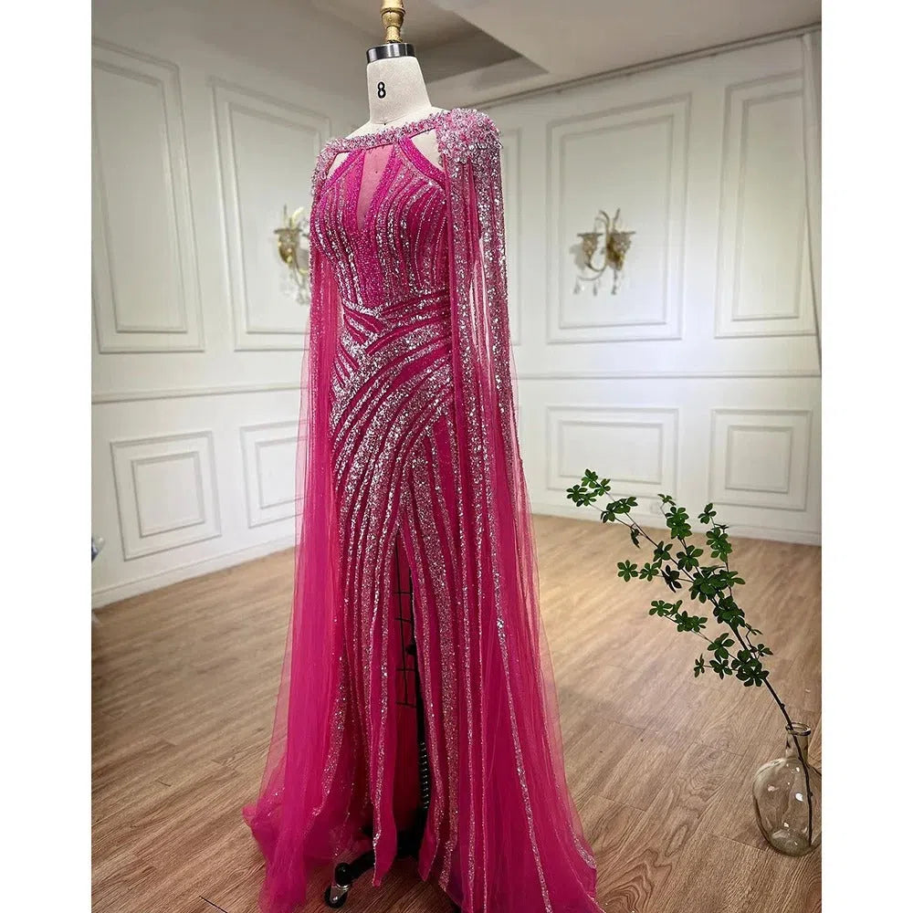 Prom Dress 2025 Lilac Beaded Mermaid Evening Dresses with Slit Cape Sleeve Pageant Dress AD1148-unique prom dresses-Lilac-US 2-Viniodress