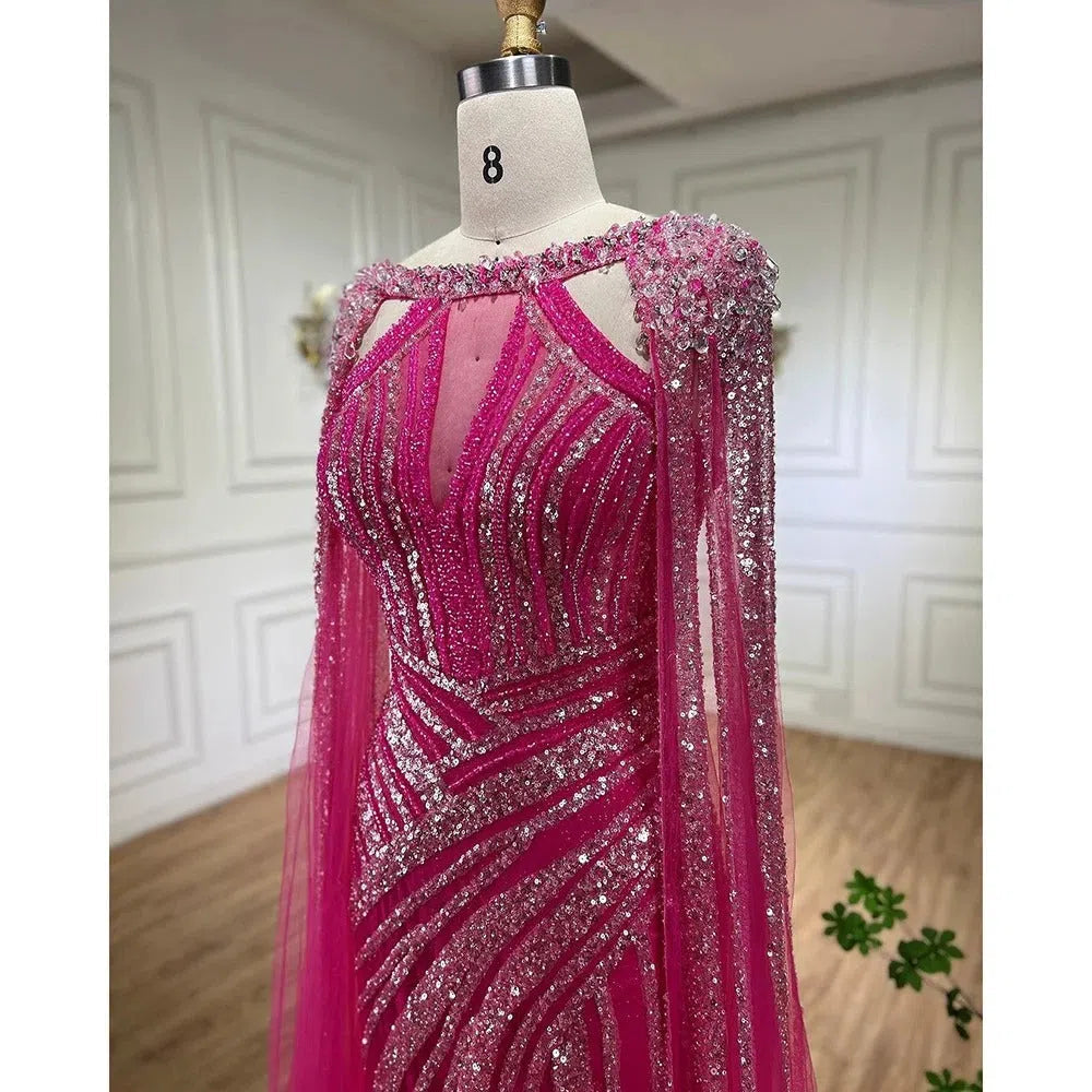 Prom Dress 2025 Lilac Beaded Mermaid Evening Dresses with Slit Cape Sleeve Pageant Dress AD1148-unique prom dresses-Lilac-US 2-Viniodress