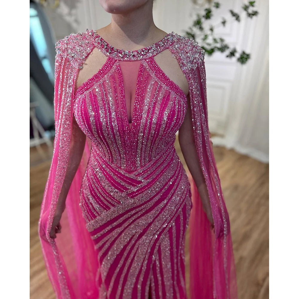 Lilac Beaded Mermaid Evening Dresses with Slit Cape Sleeve Pageant Dress AD1148-prom dresses-Viniodress-Viniodress