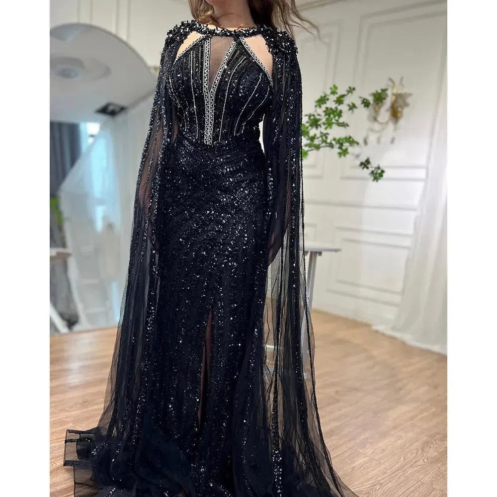 Prom Dress 2025 Lilac Beaded Mermaid Evening Dresses with Slit Cape Sleeve Pageant Dress AD1148-unique prom dresses-Black-US 2-Viniodress