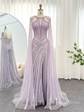Lilac Beaded Mermaid Evening Dresses with Slit Cape Sleeve Pageant Dress AD1148