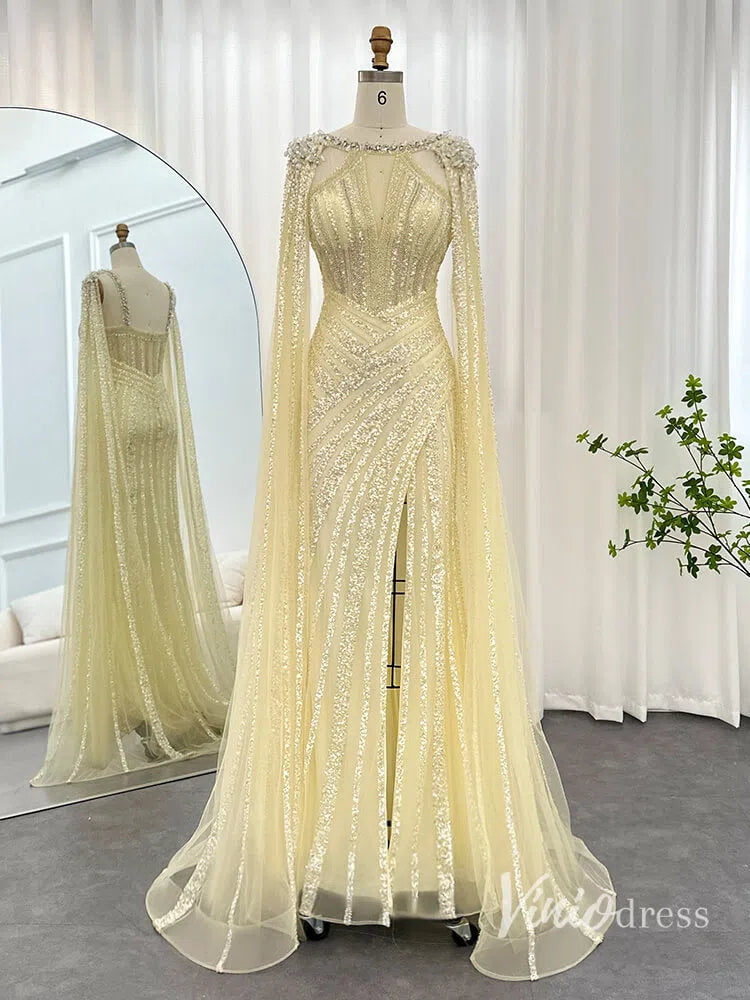 Prom Dress 2025 Lilac Beaded Mermaid Evening Dresses with Slit Cape Sleeve Pageant Dress AD1148-unique prom dresses-Yellow-US 2-Viniodress