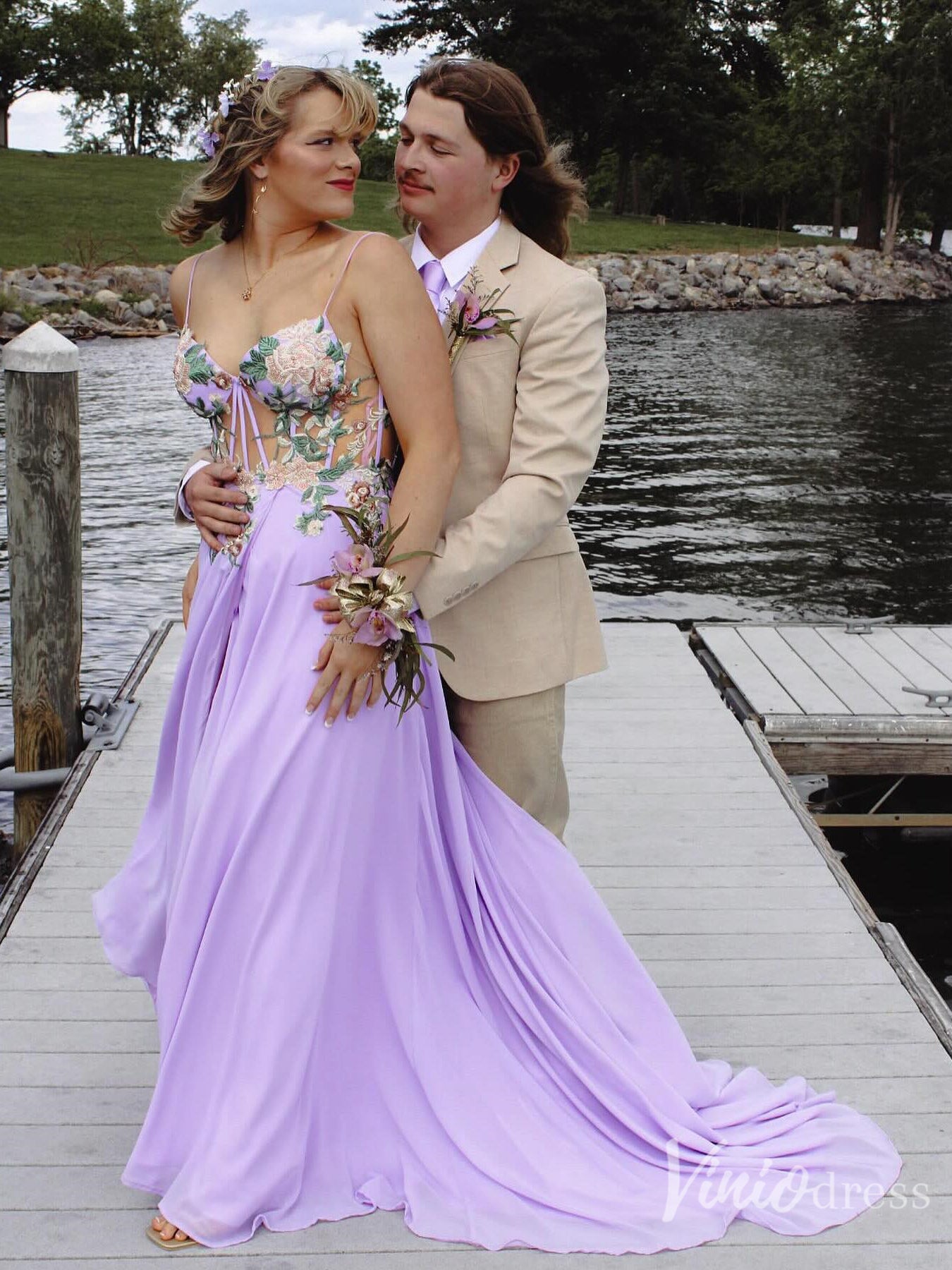 Lilac Floral Embroidered Prom Dress with Slit & Corset Back – FD6122-prom dresses 2025 -Viniodress-Lilac-Custom Size-