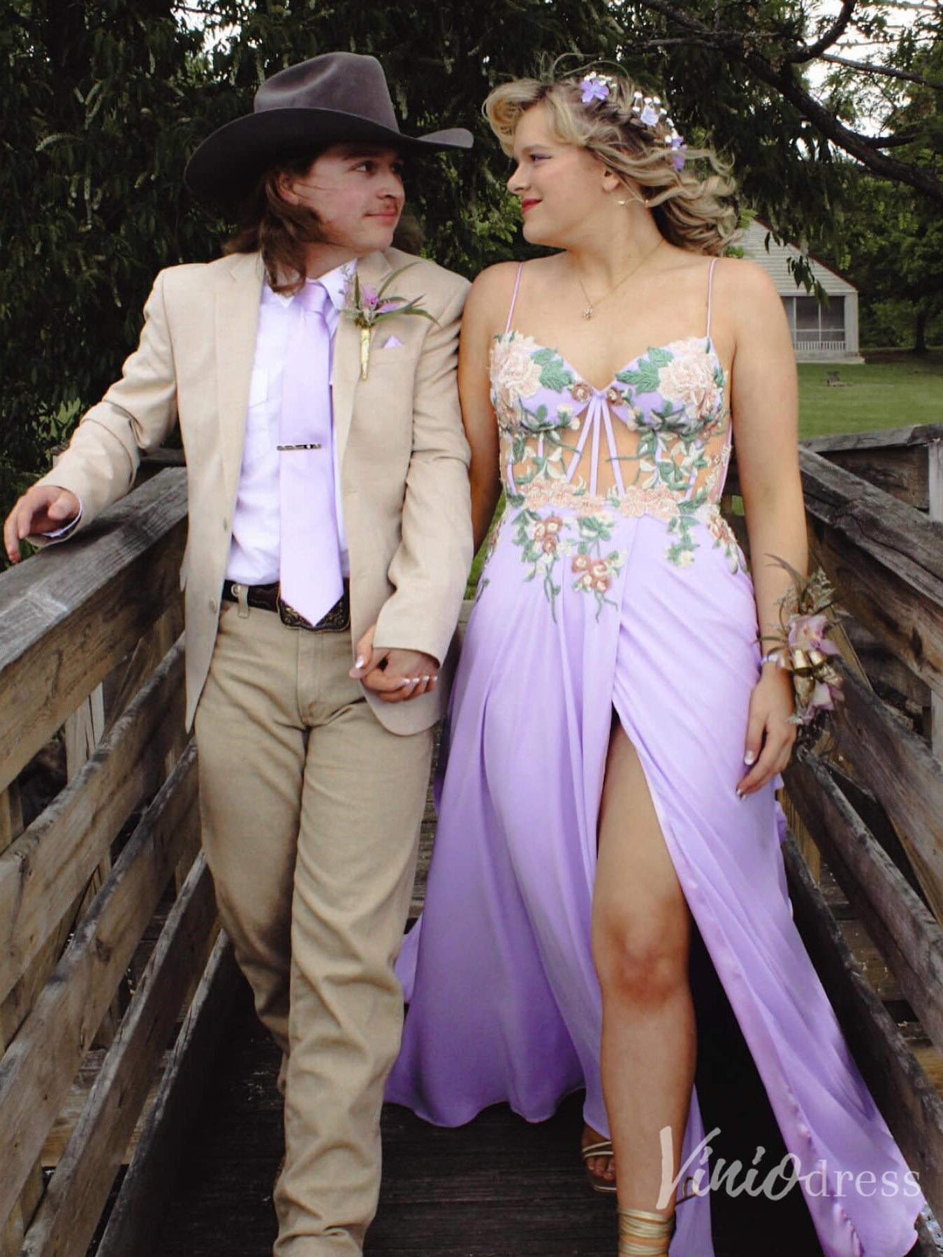 Lilac Floral Embroidered Prom Dress with Slit & Corset Back – FD6122-prom dresses 2025 -Viniodress-Lilac-Custom Size-