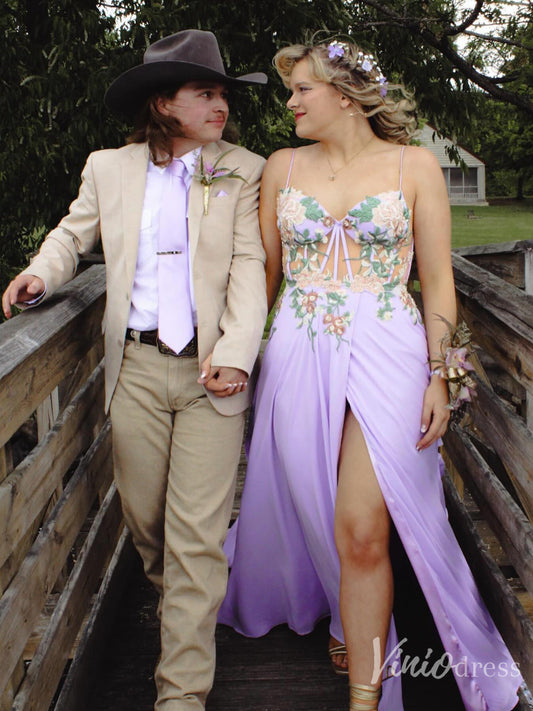 Lilac Floral Embroidered Prom Dress with Slit & Corset Back – FD6122-prom dresses 2025 -Viniodress-Lilac-Custom Size-