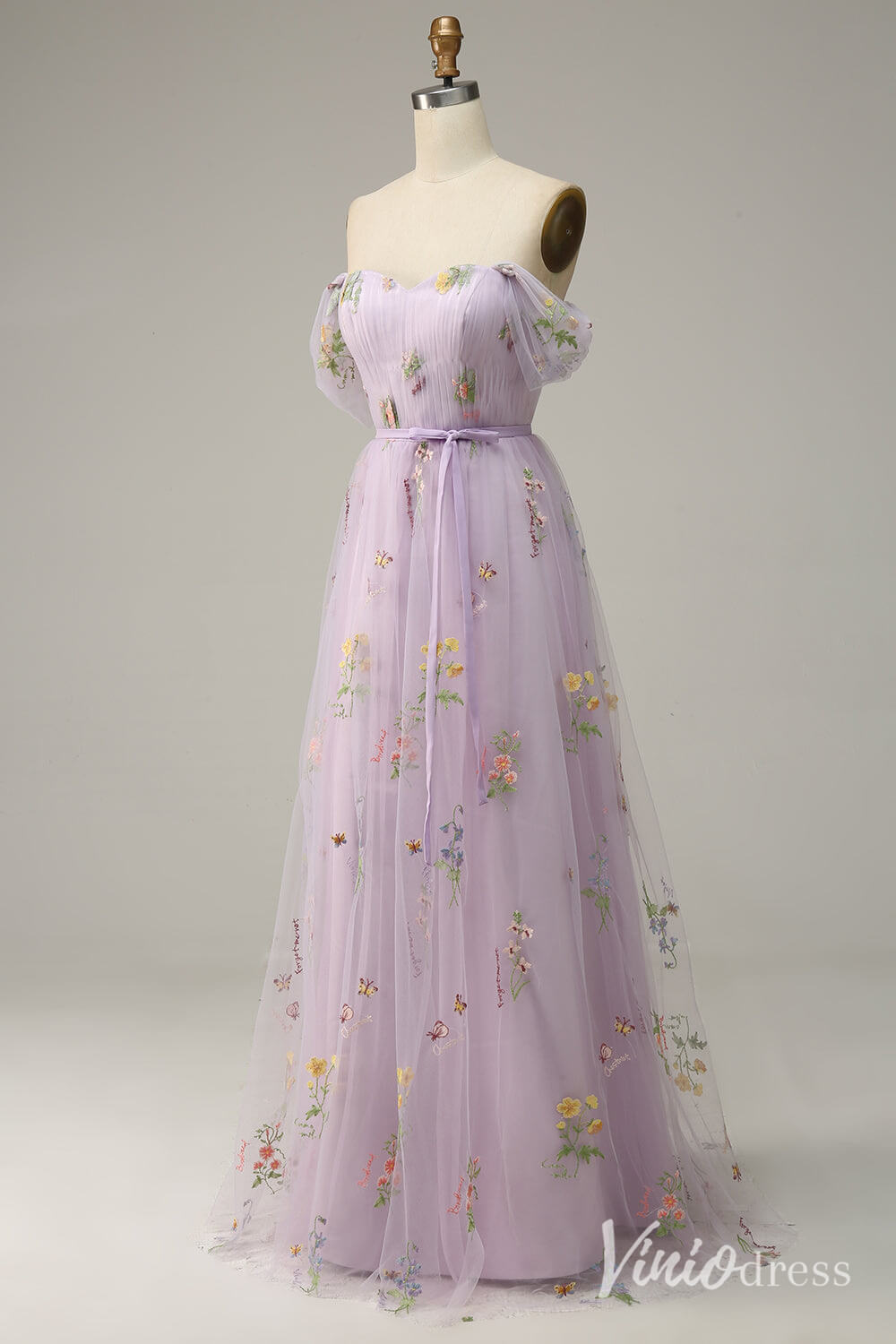 Lilac Floral Off the Shoulder Prom Dresses Pleated Lace Applique Formal Gown AD1104-prom dresses 2025 -Viniodress-Lilac-Custom Size-