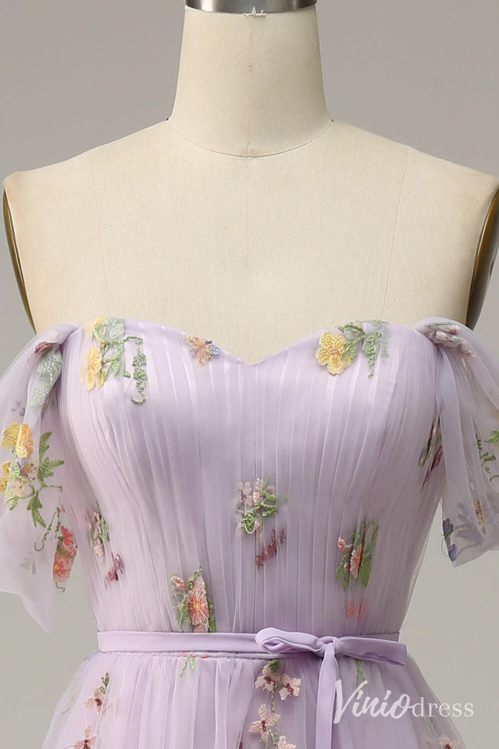 Lilac Floral Off the Shoulder Prom Dresses Pleated Lace Applique Formal Gown AD1104-prom dresses 2025 -Viniodress-Lilac-Custom Size-