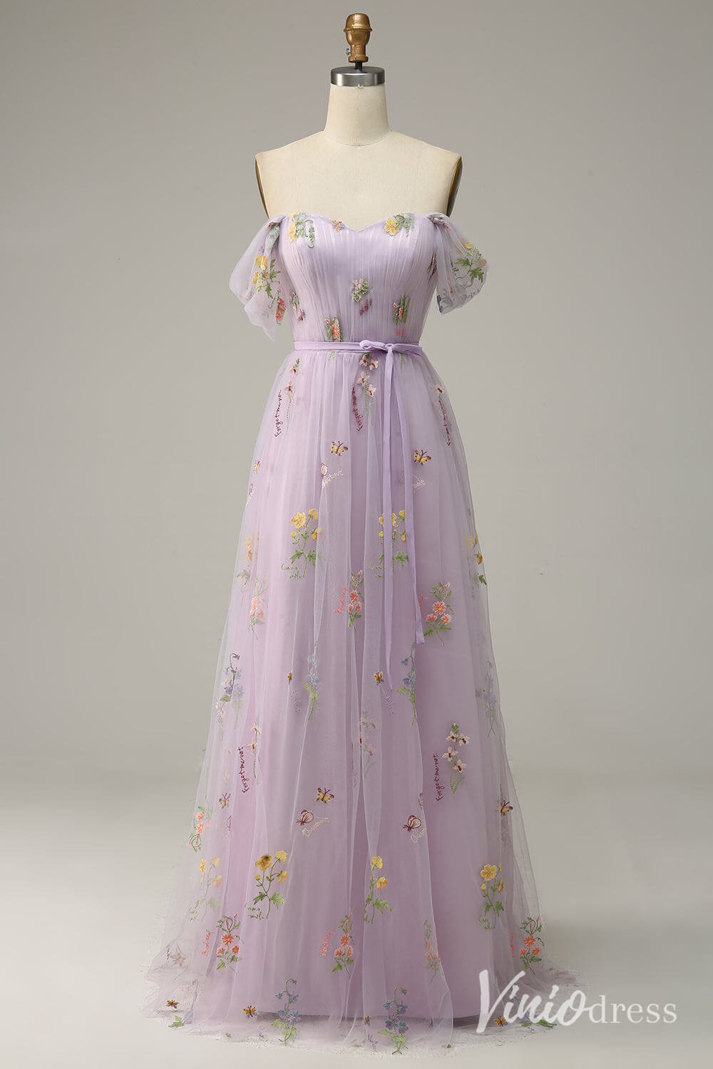 Lilac Floral Off the Shoulder Prom Dresses Pleated Lace Applique Formal Gown AD1104-prom dresses 2025 -Viniodress-Lilac-Custom Size-