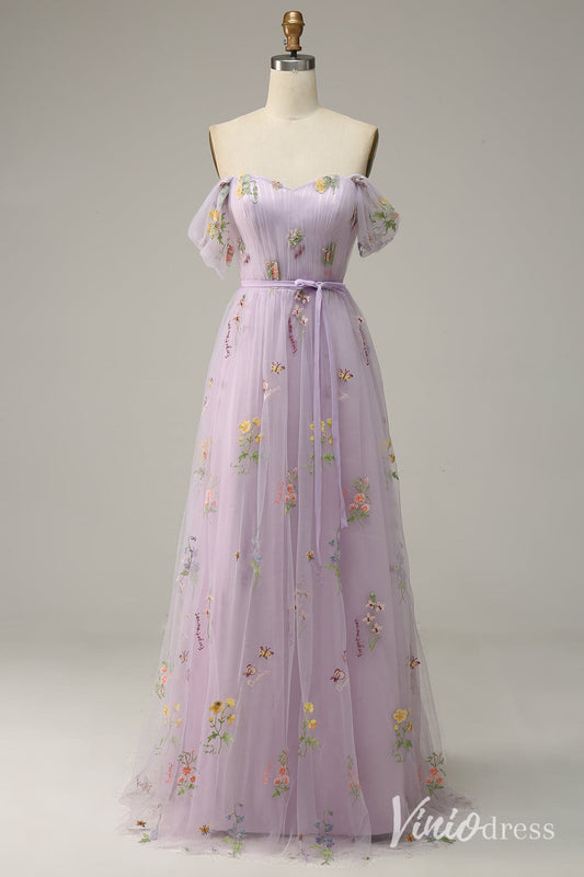 Lilac Floral Off the Shoulder Prom Dresses Pleated Lace Applique Formal Gown AD1104-prom dresses 2025 -Viniodress-Lilac-Custom Size-