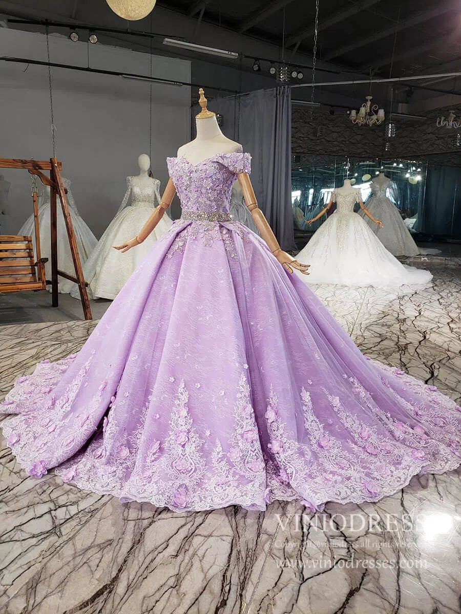 Lilac Floral Quinceanera Dresses Off the Shoulder Lavender Princess Ball Gown FD2462-Quinceanera Dresses 2025 -Viniodress-Lilac-Custom Size-