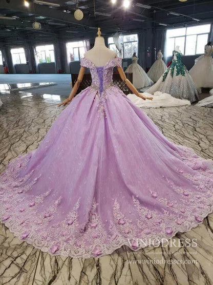 Lilac Floral Quinceanera Dresses Off the Shoulder Lavender Princess Ball Gown FD2462-Quinceanera Dresses 2025 -Viniodress-Lilac-Custom Size-