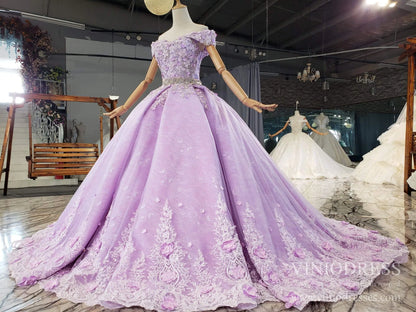 Lilac Floral Quinceanera Dresses Off the Shoulder Lavender Princess Ball Gown FD2462-Quinceanera Dresses 2025 -Viniodress-Lilac-Custom Size-