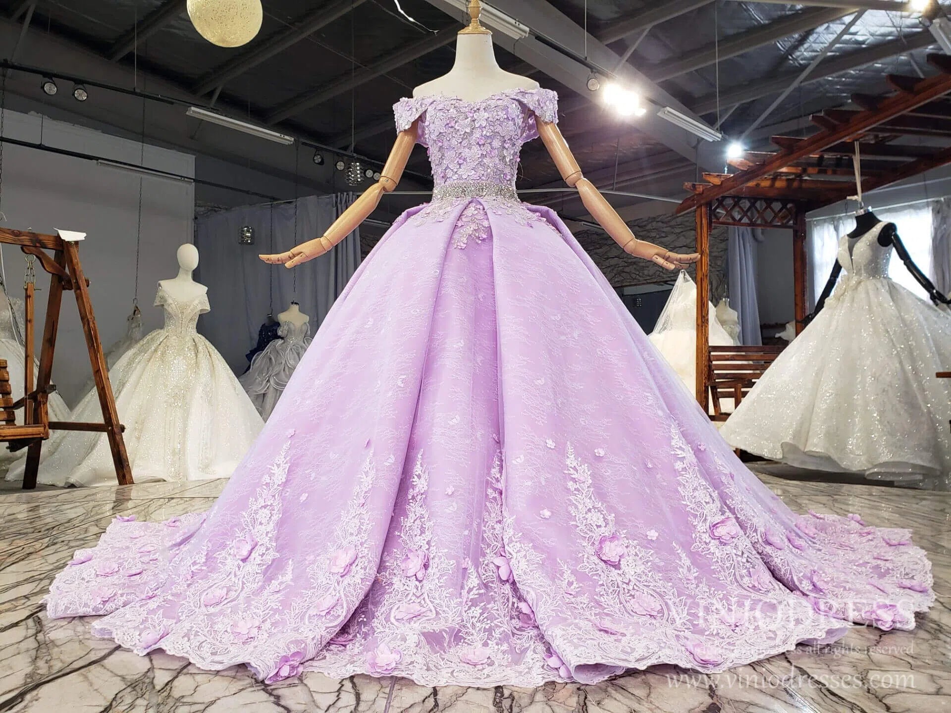 Quinceanera Dresses 2025 Lilac Floral Quinceanera Dresses Off the Shoulder Lavender Princess Ball Gown FD2462-plus size wedding dresses Viniodress-Lilac-Custom Size-