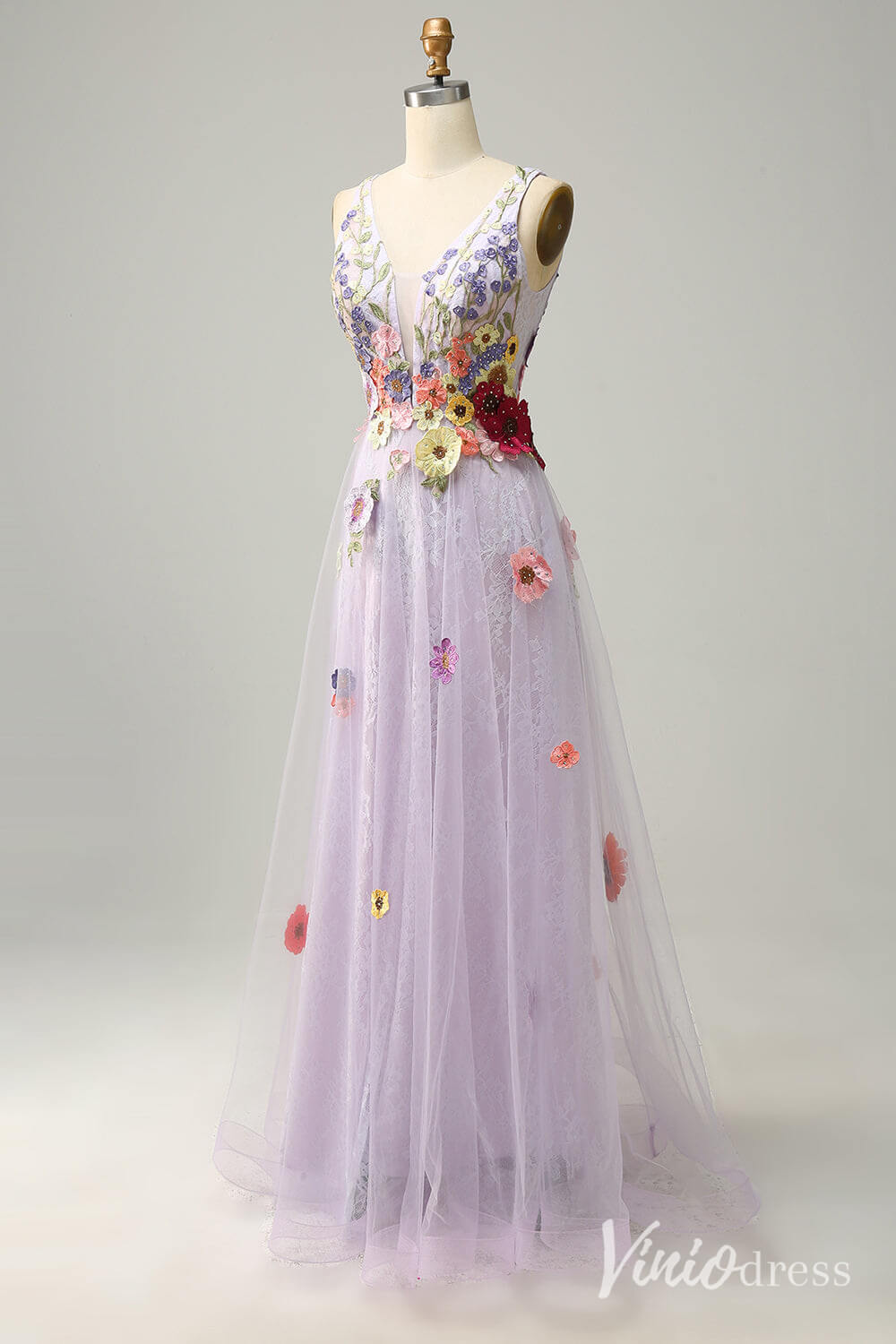 Lilac Floral V-Neck Prom Dresses Lace Applique Formal Gown AD1100-prom dresses-Viniodress-Viniodress