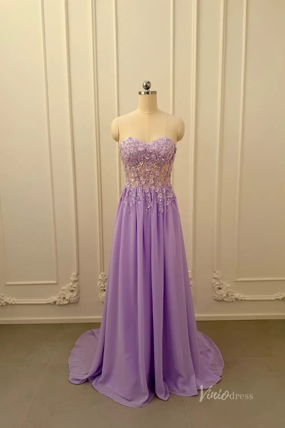 Lilac Lace Appliqué A-Line Prom Dress with Strapless Sweetheart Neckline & Corset Back – AE1005-Prom Dresses 2026-Viniodress-Lilac-Custom Size – Add Measurements in Cart-