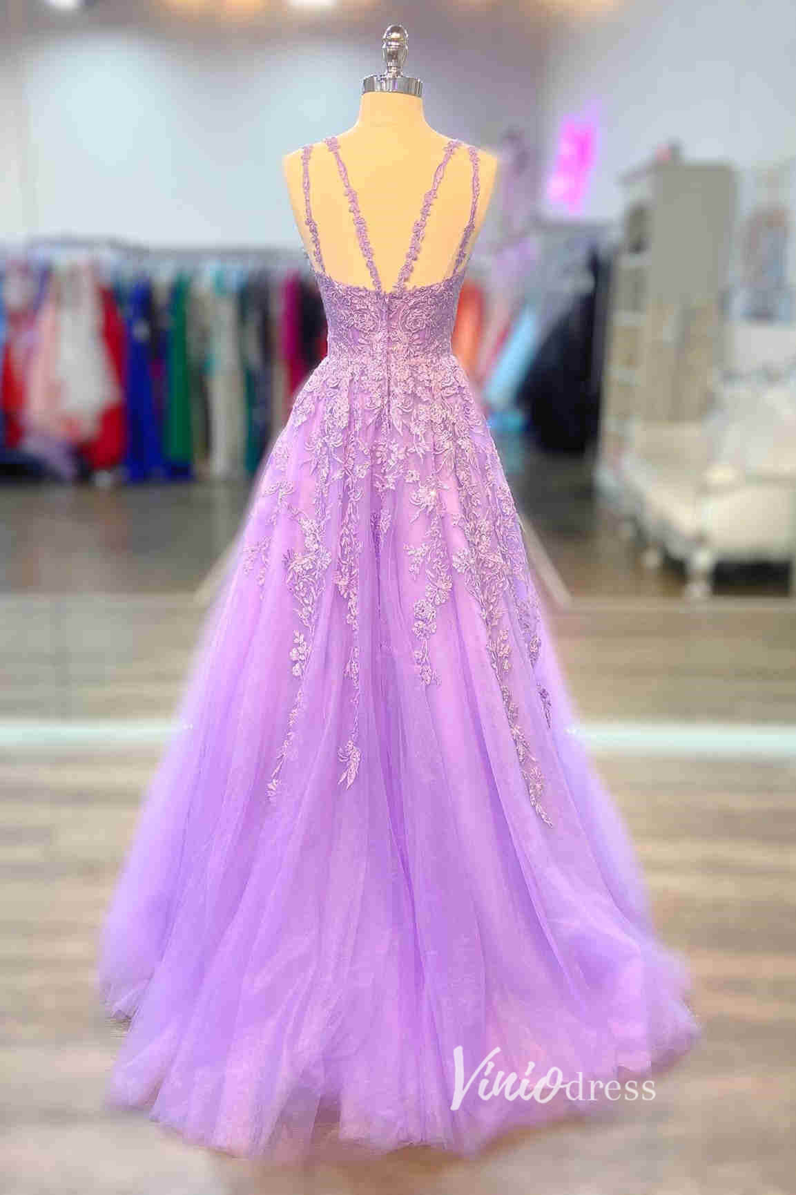 Lilac Lace Applique Prom Dresses Spaghetti Strap Formal Gown FD3369-prom dresses 2025 -Viniodress-Lilac-Custom Size-