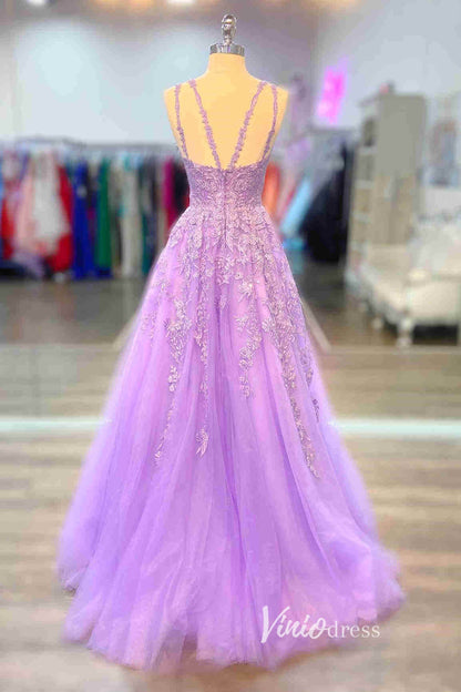 Lilac Lace Applique Prom Dresses Spaghetti Strap Formal Gown FD3369-prom dresses 2025 -Viniodress-Lilac-Custom Size-