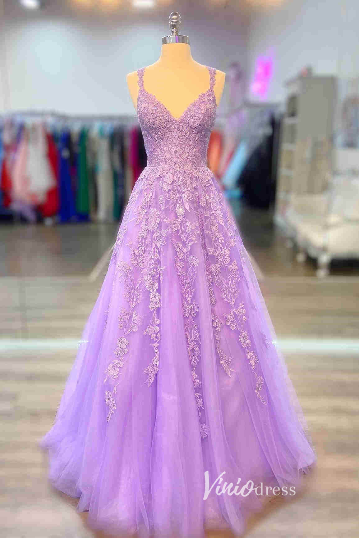 Lilac Lace Applique Prom Dresses Spaghetti Strap Formal Gown FD3369-prom dresses 2025 -Viniodress-Lilac-Custom Size-