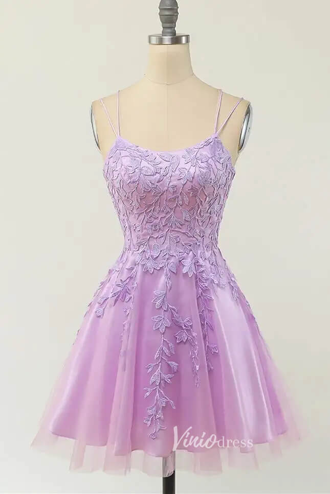 Lilac Lace Appliqued Homecoming Dresses Spaghetti Strap Graduation Dress SD1548-Homecoming Dresses 2025 -Viniodress-Lilac-Custom Size-