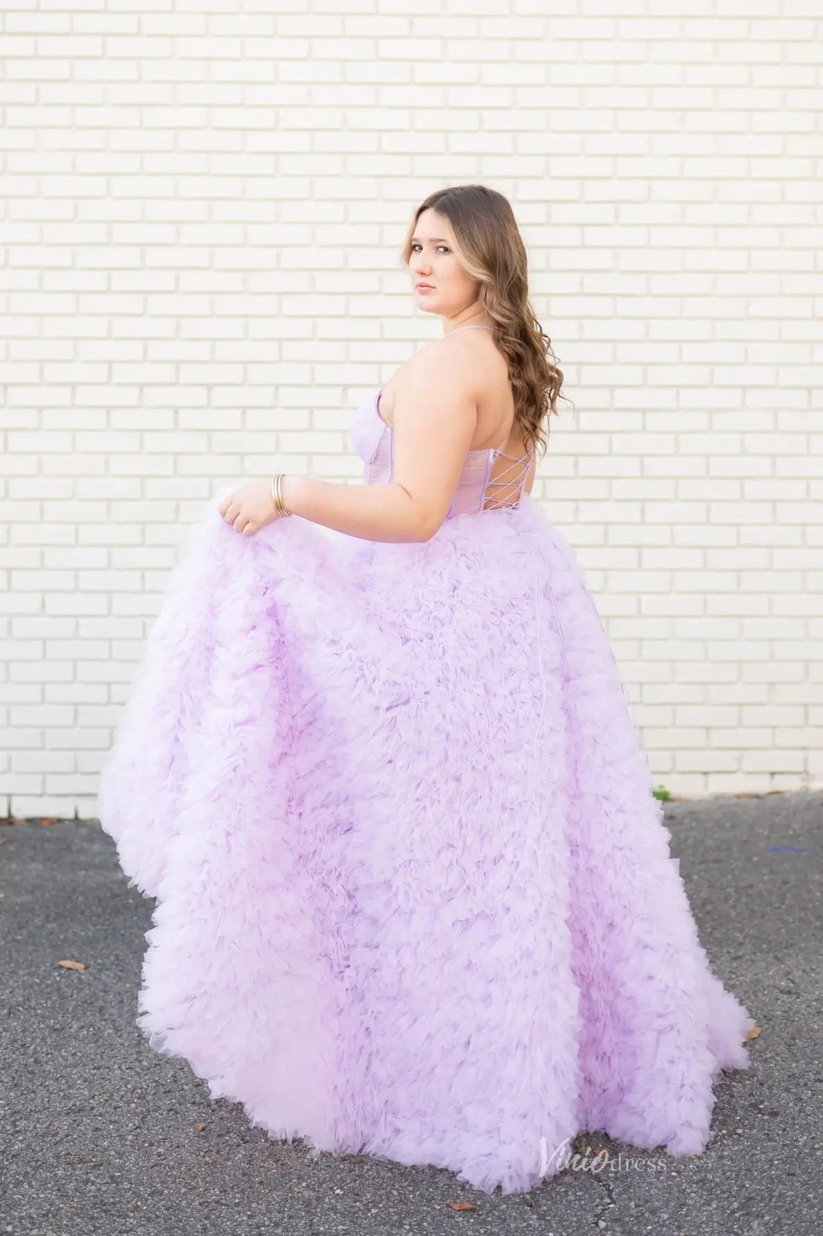 Lilac Ruffle Tulle Ball Gown Prom Dress with Sheer Boned Bodice & Lace-Up Back – RF206-Prom Dresses 2026-Viniodress-Lilac-Custom Size-