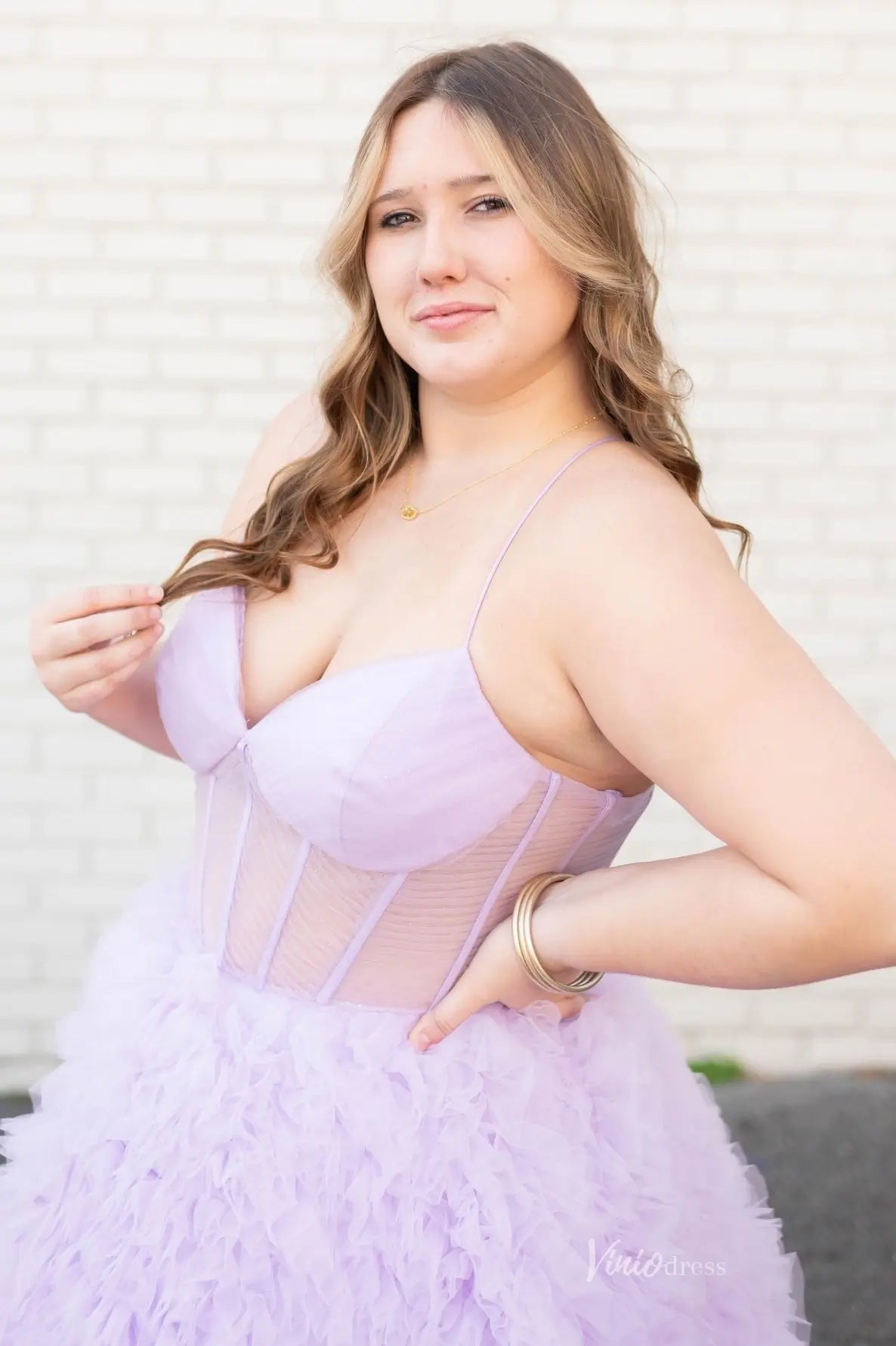 Lilac Ruffle Tulle Ball Gown Prom Dress with Sheer Boned Bodice & Lace-Up Back – RF206-Prom Dresses 2026-Viniodress-Lilac-Custom Size-