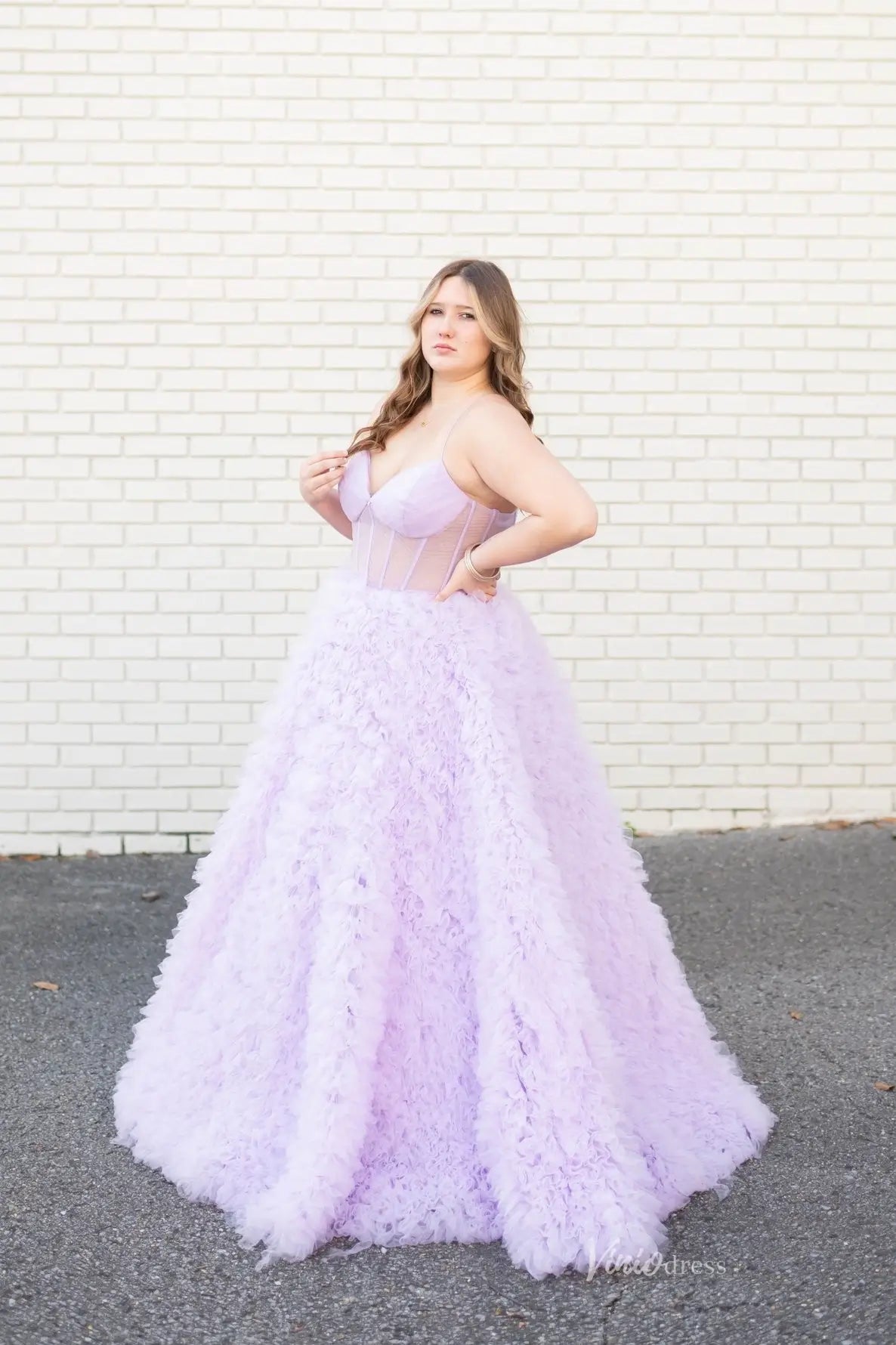 Lilac Ruffle Tulle Ball Gown Prom Dress with Sheer Boned Bodice & Lace-Up Back – RF206-Prom Dresses 2026-Viniodress-Lilac-Custom Size-