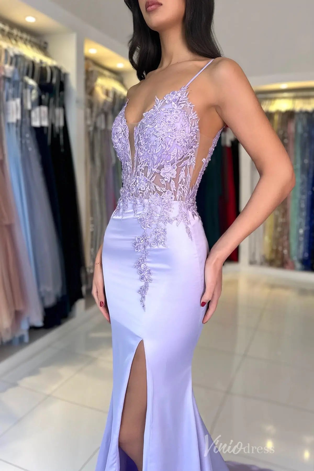 Lilac Satin Mermaid Prom Dress with Sheer Plunging Lace Bodice, Slit, Spaghetti Strap – SS011-prom dresses 2025 -Viniodress-Lilac-Custom Size-